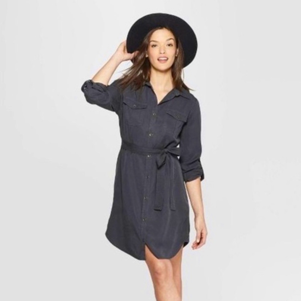 NWOT Tie-Front Button-Down Black Shirt Dress